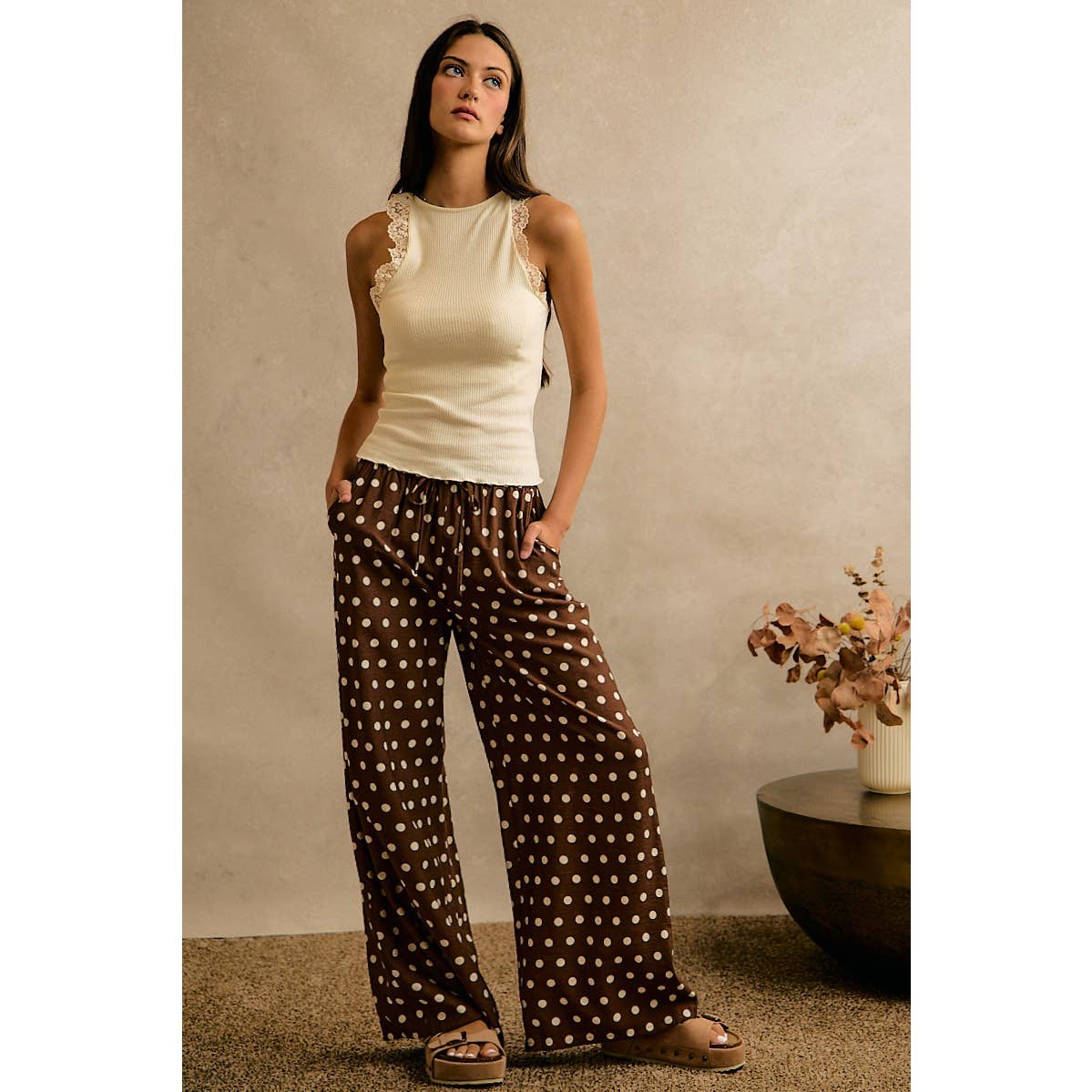 POLKA DOT WAIST ELASTIC WIDE PANTS: BROWN/WHITE / S