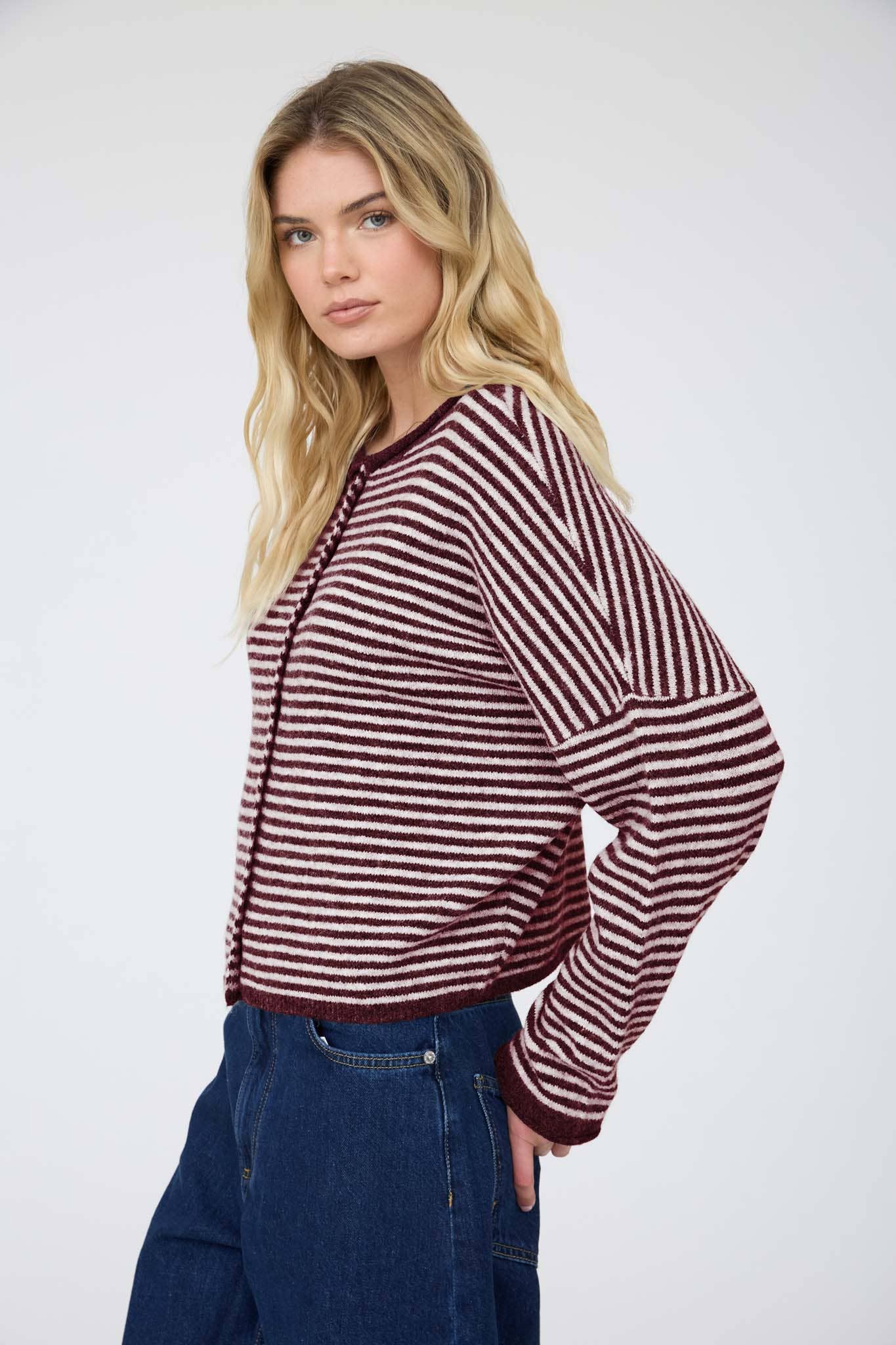 STRIPE RAW EDGE DROP SHOULDER KNIT CARDIGAN : DUSTY BLUE
