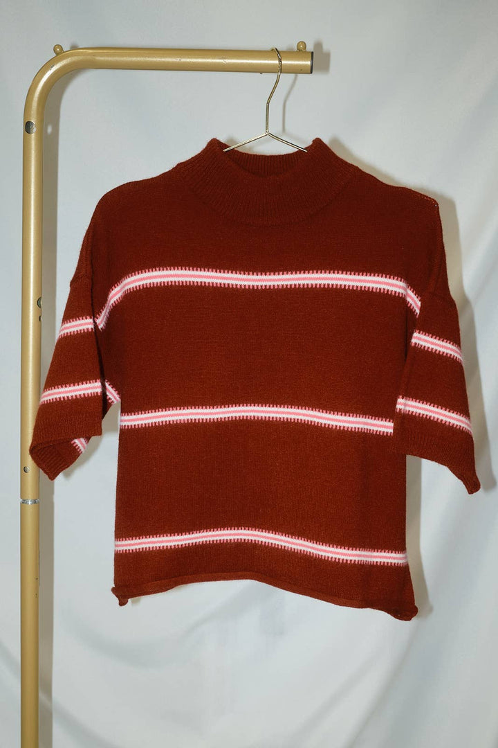 Mock Neck Short Sleeve Striped Sweater Top: BURG-MULTI STRIPE / S