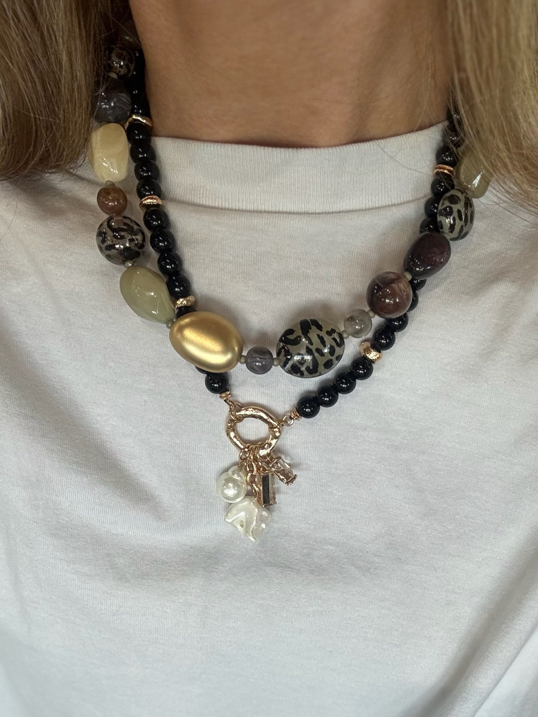 Leopard Print &amp; Mixed Beaded Necklace