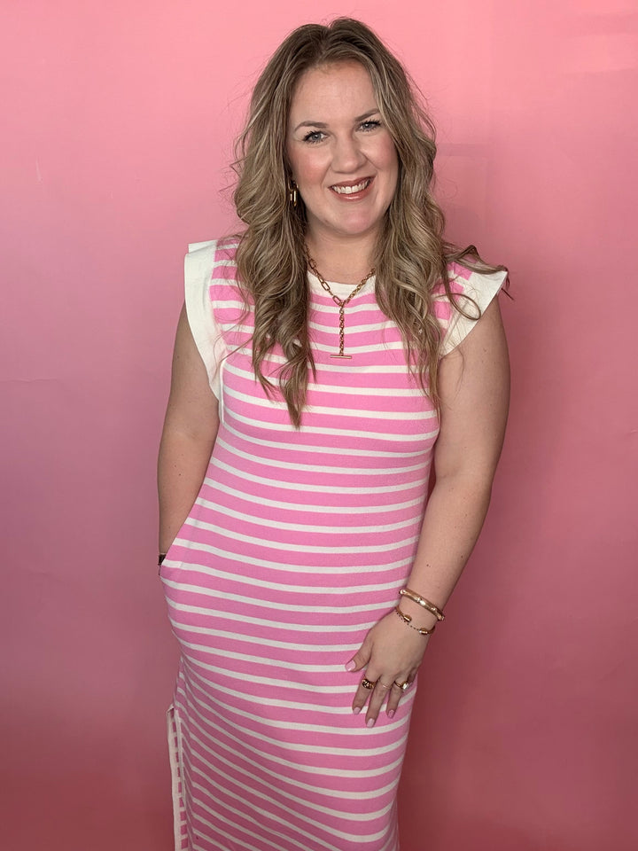 Pink Stripe Midi Dress with Cream