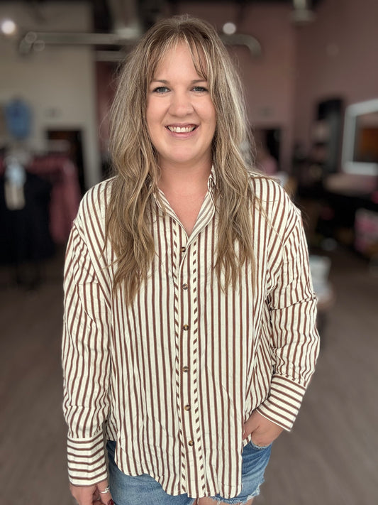 Brown Stripe Collar Button-down Top