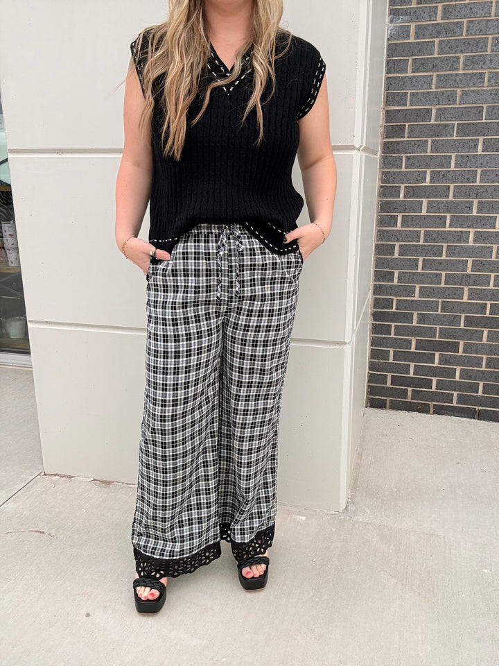 Black Plaid Laced Down Pants