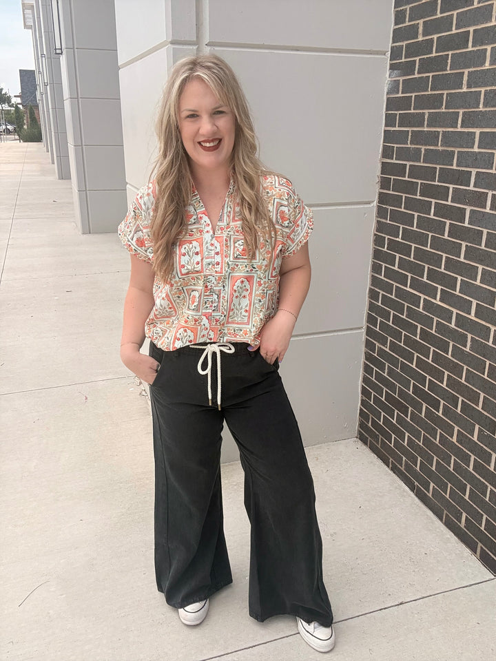 Black Washed Mid-Rise Flare Knit Pants