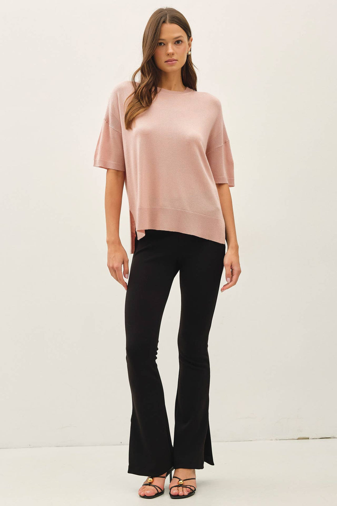 WOOL BLENED BOXY FIT SHORT SLEEVE SWEATER TOP : OATMEAL / L