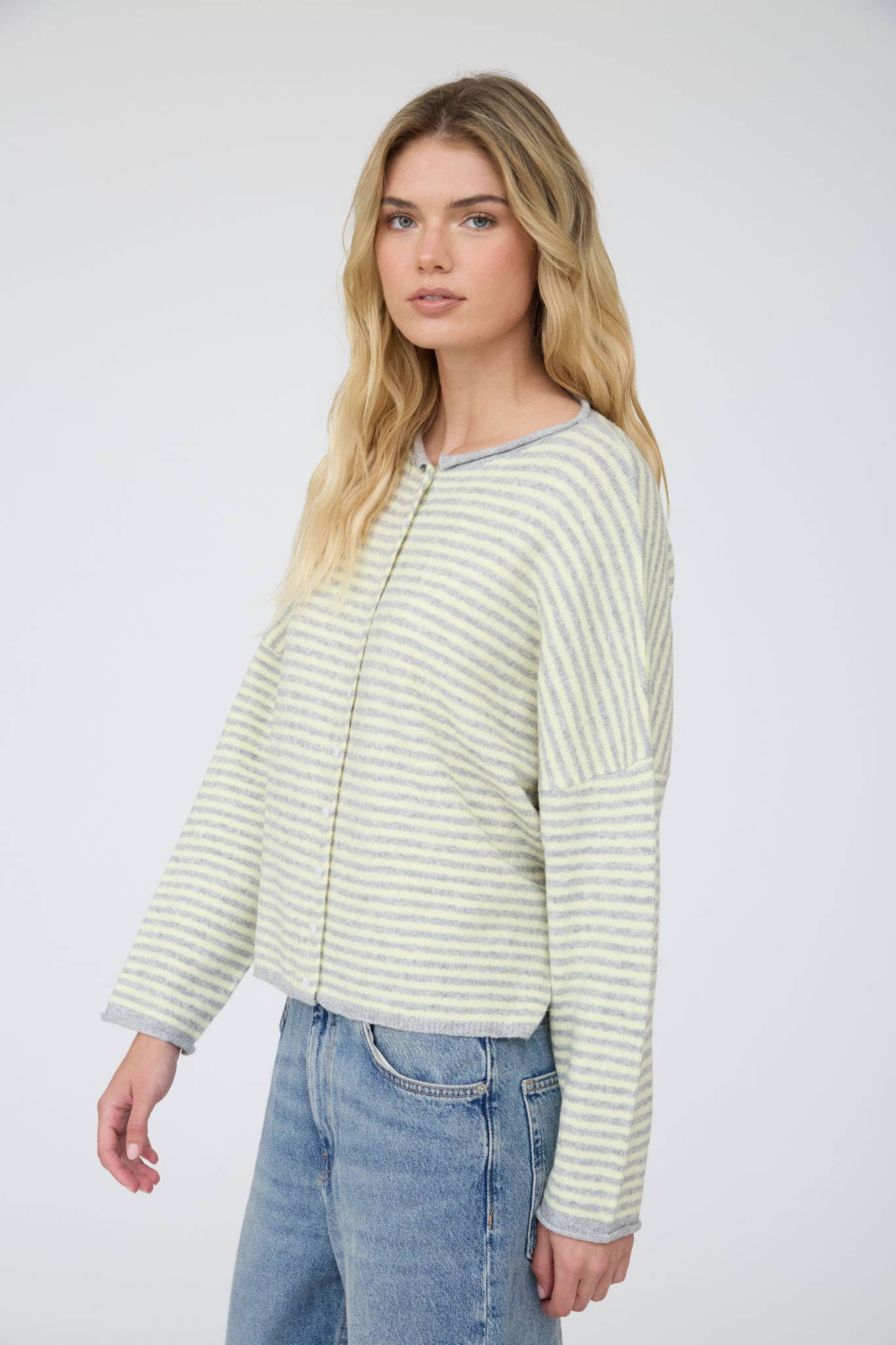 STRIPE RAW EDGE DROP SHOULDER KNIT CARDIGAN : BURGUNDY