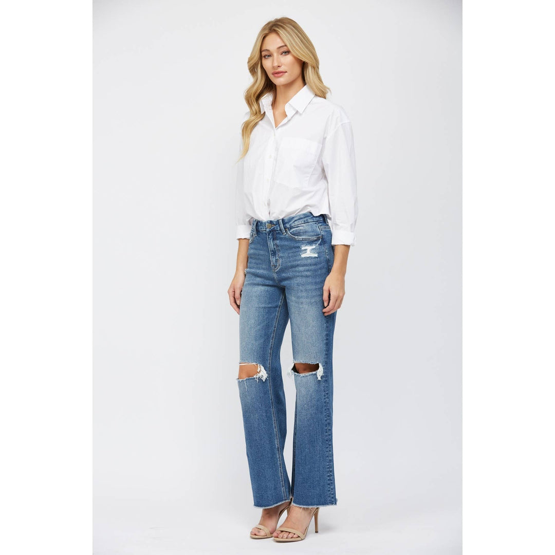 High Waist Distressed Knee Flare Mica Jeans