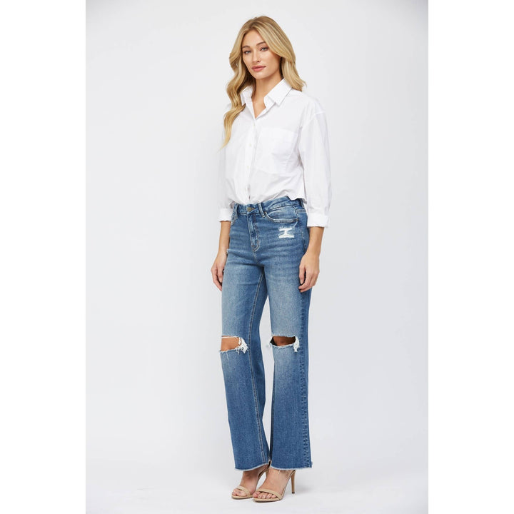 High Waist Distressed Knee Flare Mica Jeans