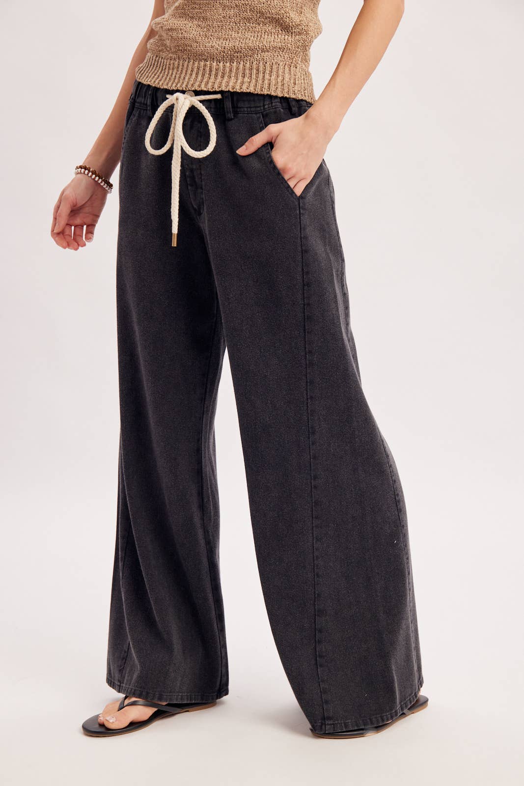 Black Washed Mid-Rise Flare Knit Pants