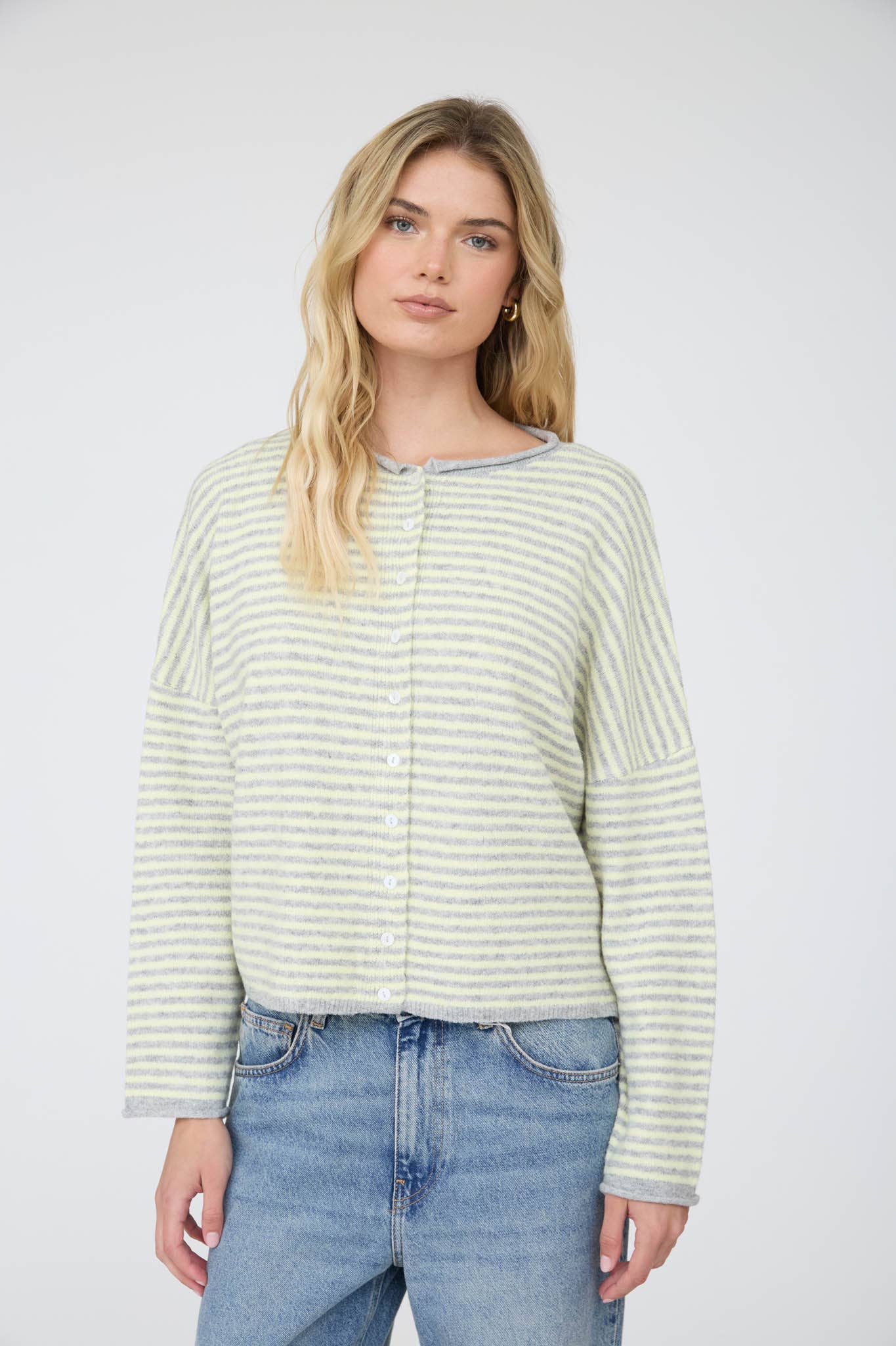 STRIPE RAW EDGE DROP SHOULDER KNIT CARDIGAN : DUSTY BLUE