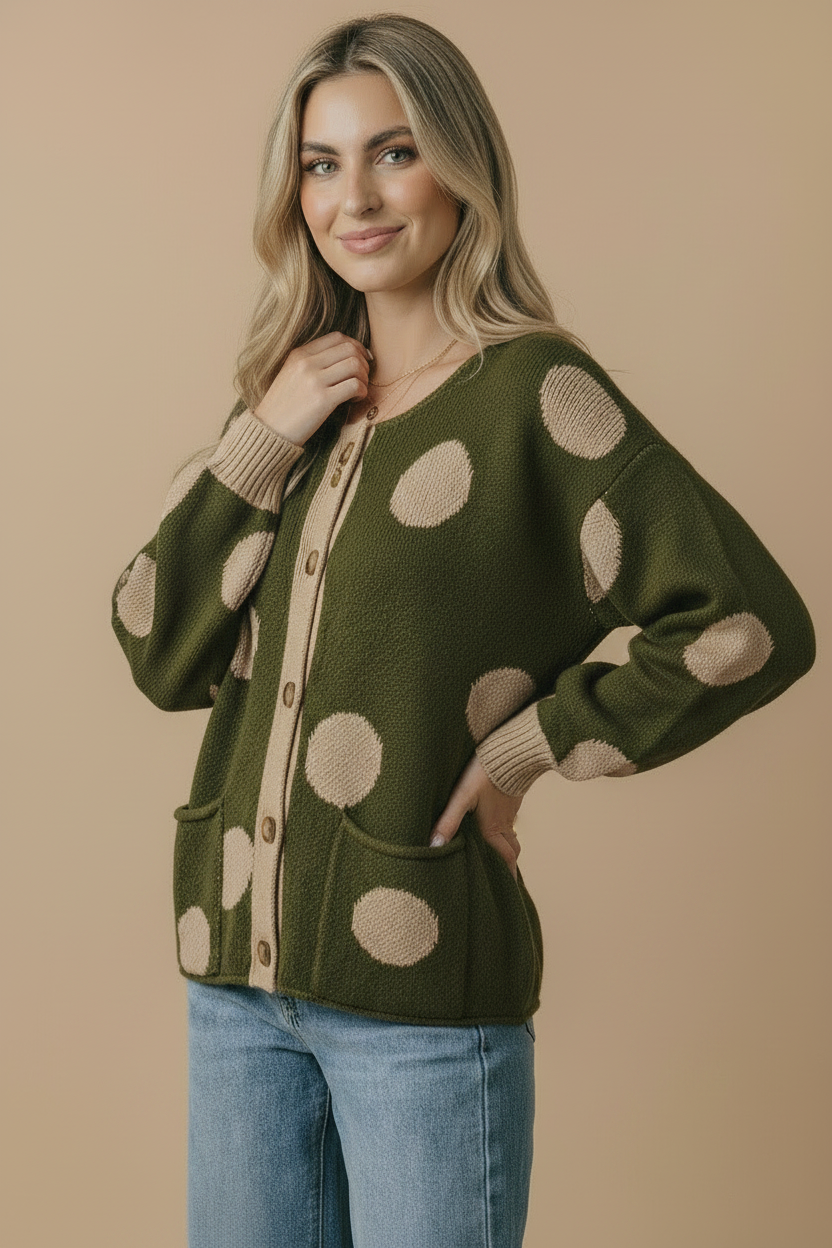 Button Down Polka Dot Jacquard Cardigan: BRUNETTE / S