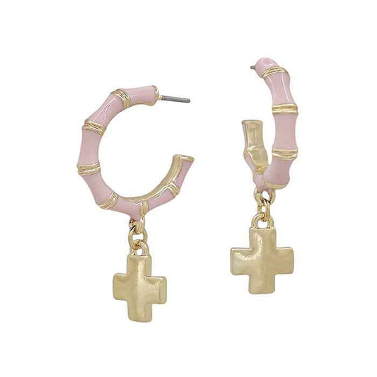 Blush Pink Hoop with Gold Cross Charm Earrings