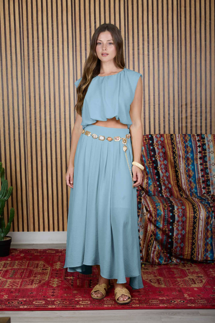 BOX PLEATED MIDI SKIRT: NATURAL