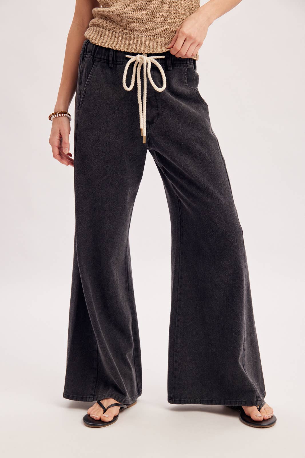 Black Washed Mid-Rise Flare Knit Pants