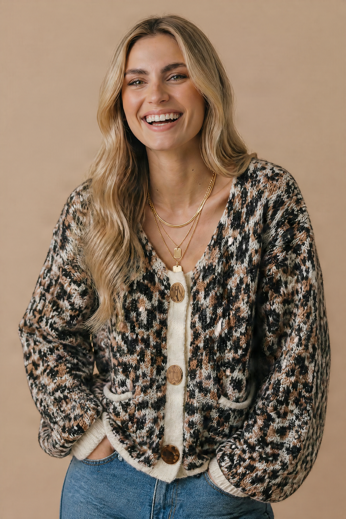 Scoop Neck Leopard Gold Buttons Cardigan: TAUPE / M