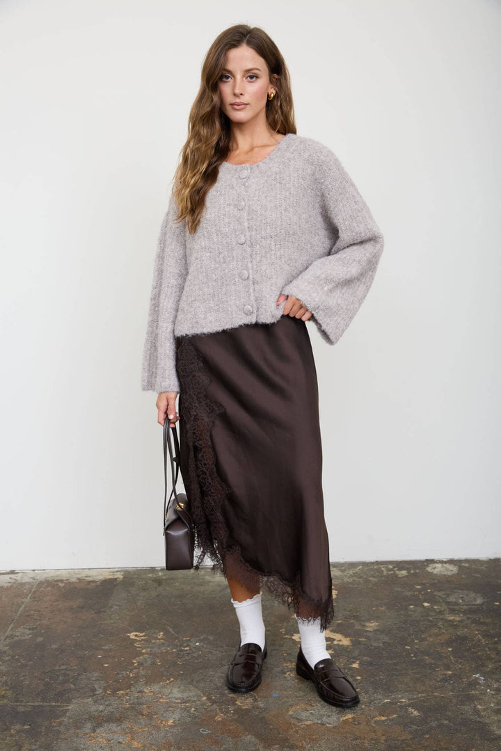 FUZZY KNIT BUTTON DOWN BOXY CARDIGAN SWEATER: CHOCOLATE BROWN