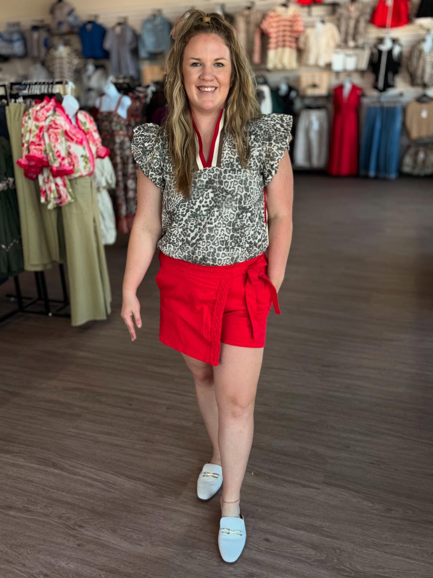 Leopard Flutter Sleeve top w/Red
