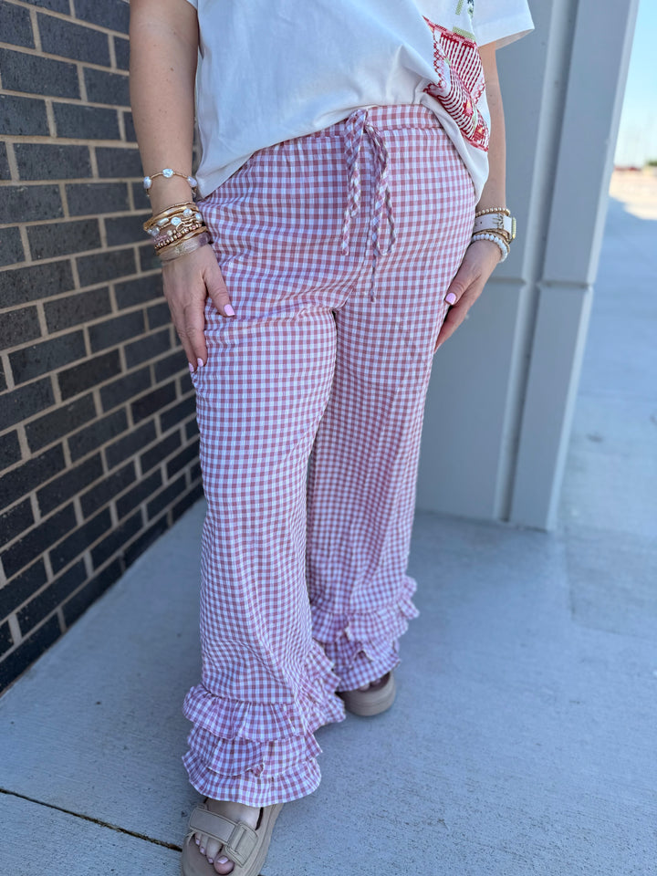 Pink Gingham Ruffle Ankle Pants