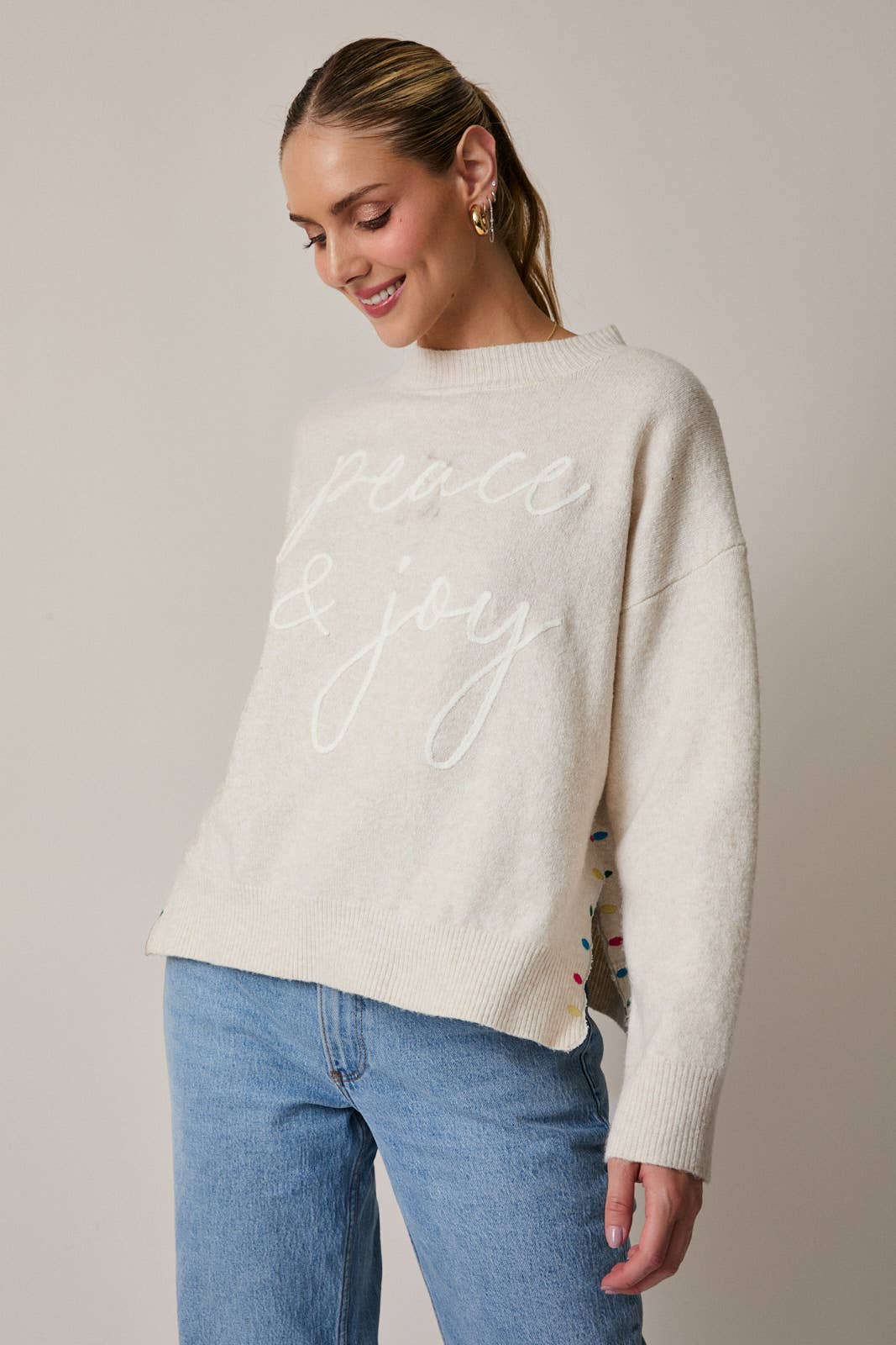 Mock Neck Long Sleeve Peace &amp; Joy Novelty Knit Sweater: Blue / L