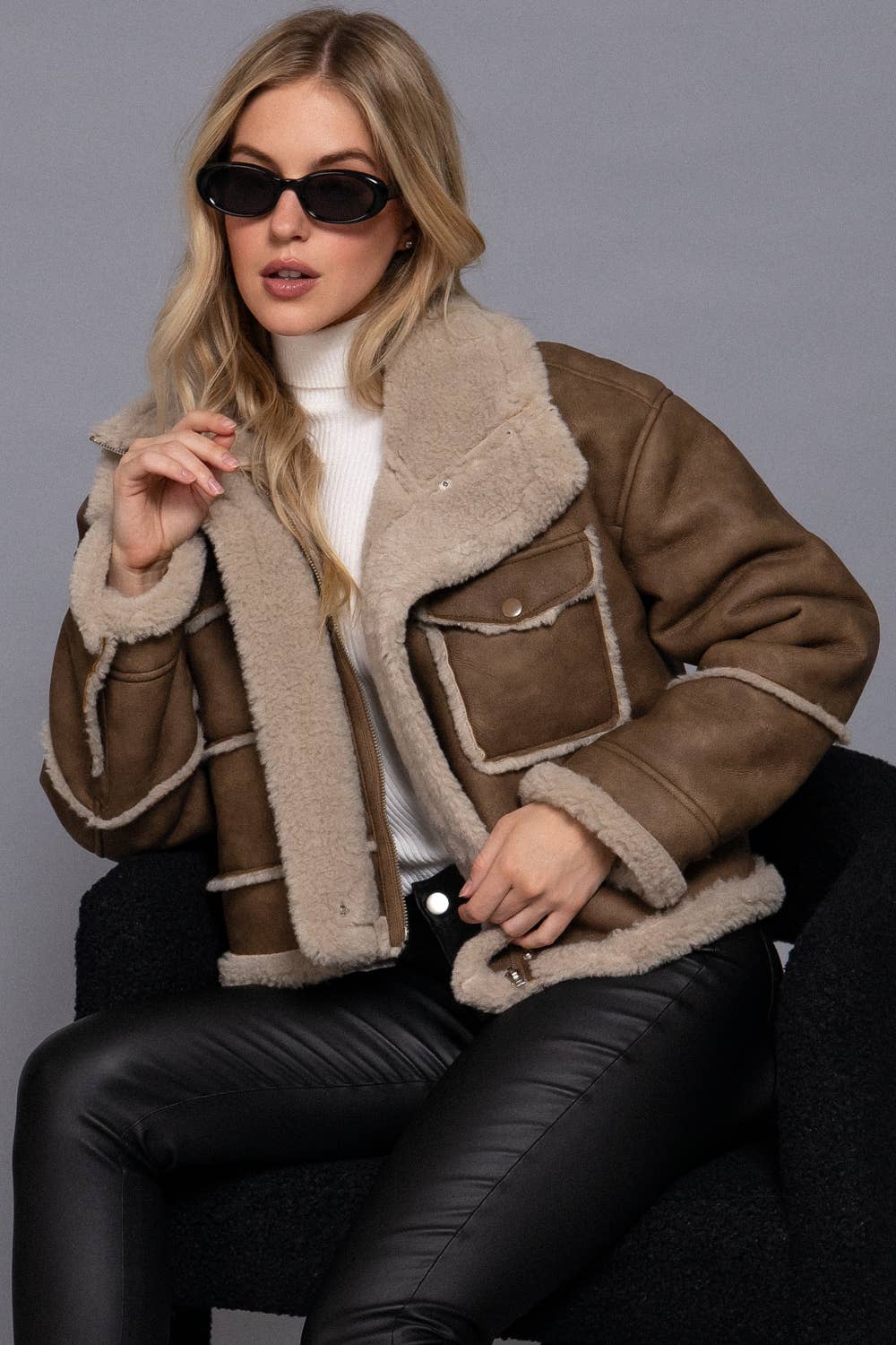 Chestnut Faux Leather Fur Trim Jacket