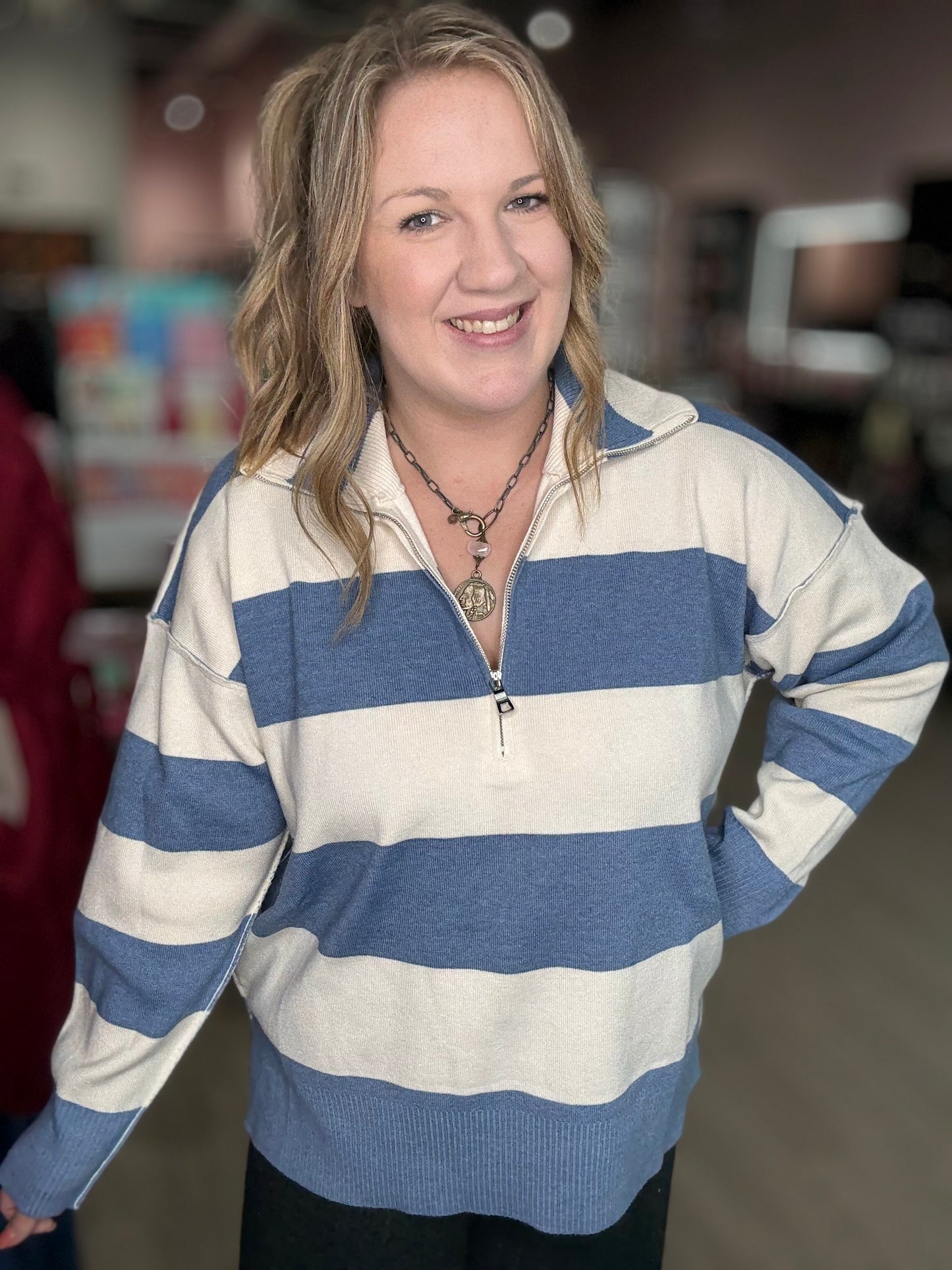 Blue & White Stripe Zip Sweater