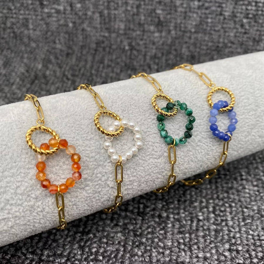 Stone Beaded Ring Linkded 18K Gold Plated Bracelet