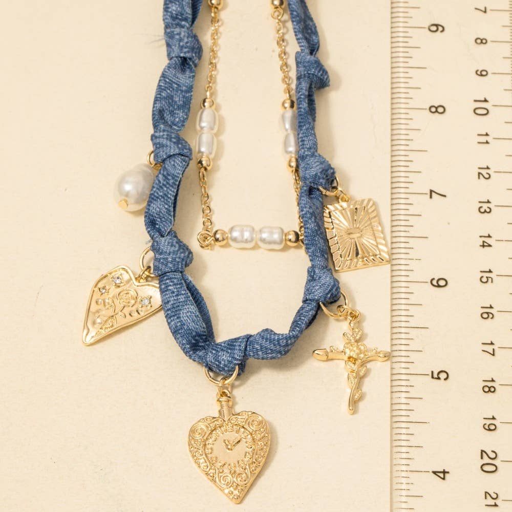 Paisley Denim And Chain Layered Necklace