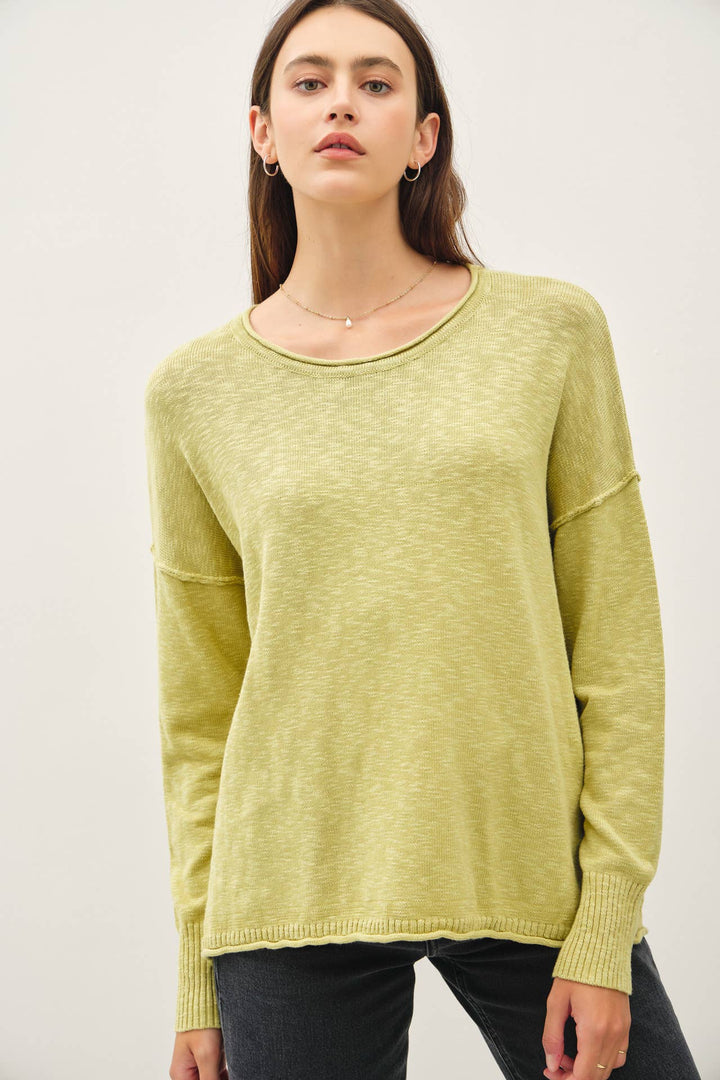 DROP SHOULDER SLUB PULLOVER SWEATER: Matcha / SM