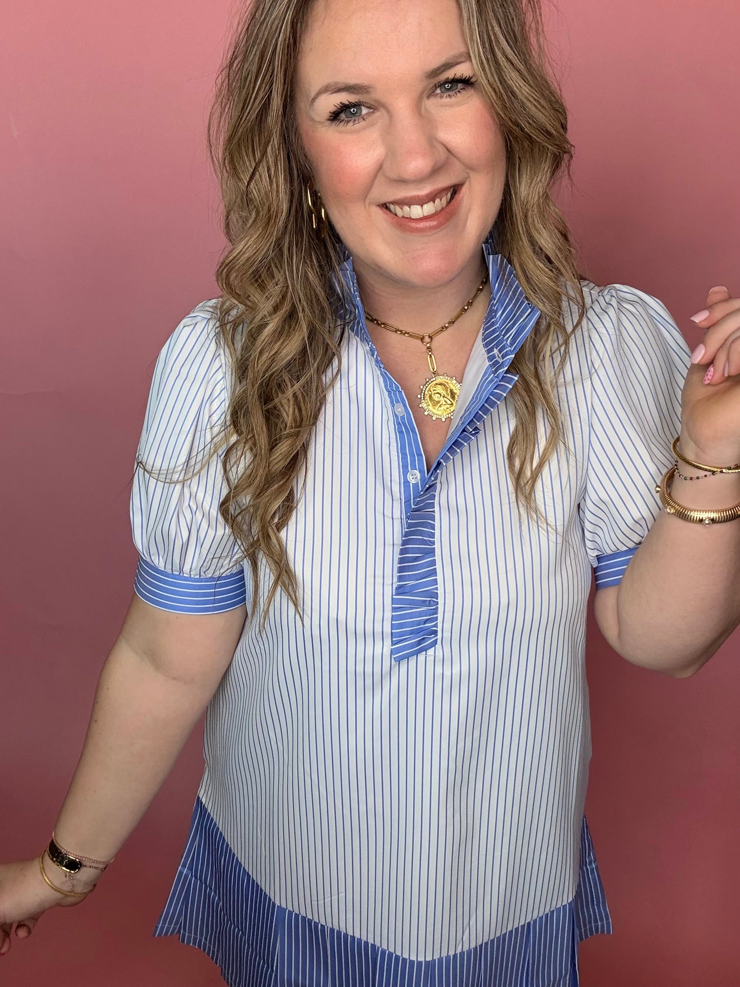 Baby Blue w/White Stripe Pleated Dress