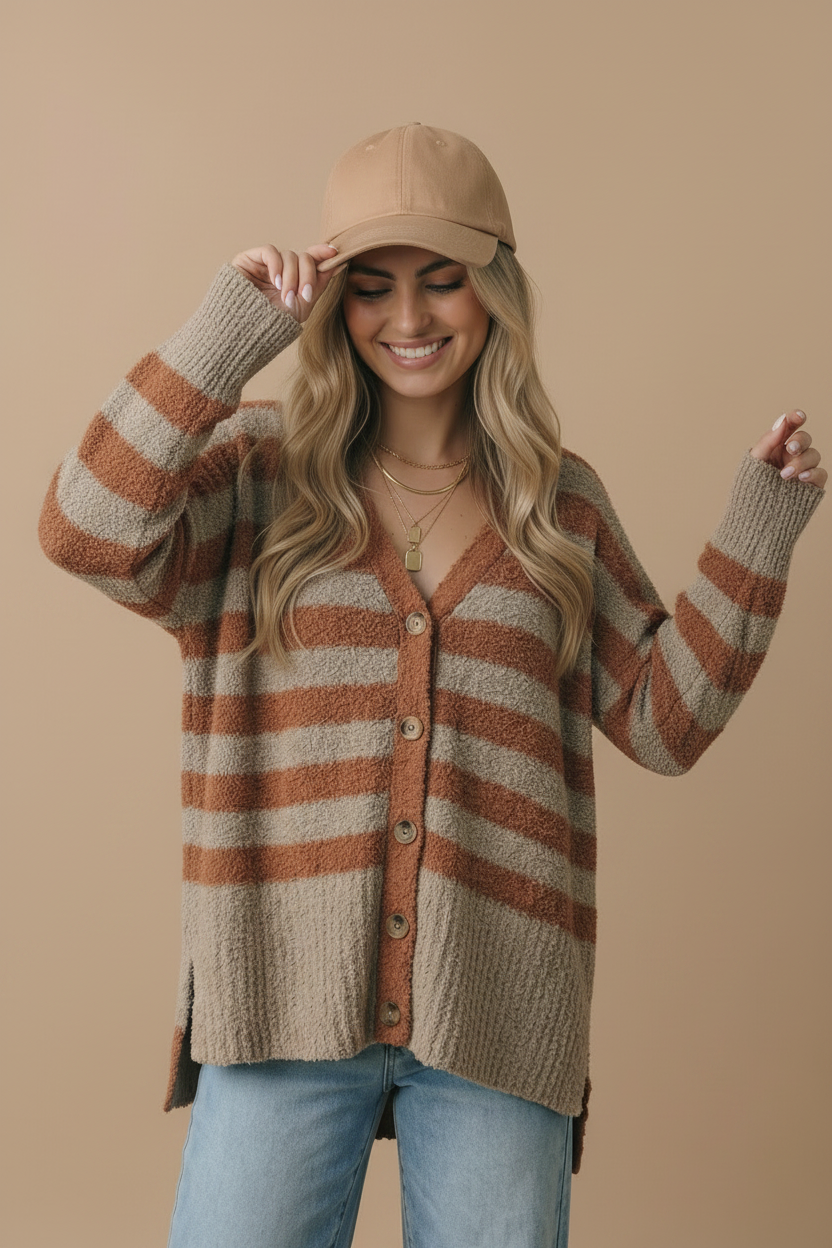 V Neck Stripe Popcorn Oversized Fit Cardigan: BROWN/SLATE BLUE / M