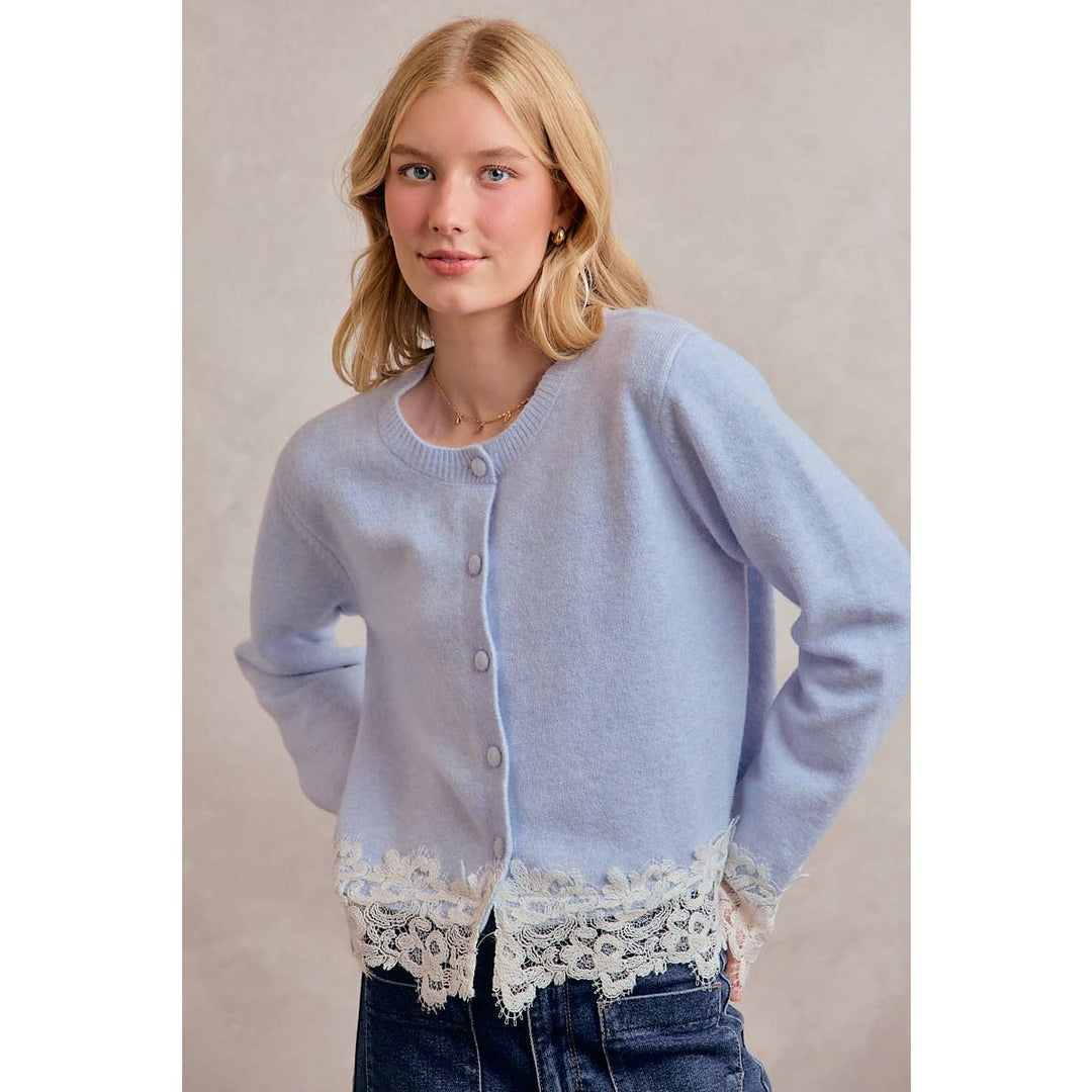 BUTTON DOWN LONG SLEEVE KNIT CARDIGAN WITH LACE TRIM: BLUE / M