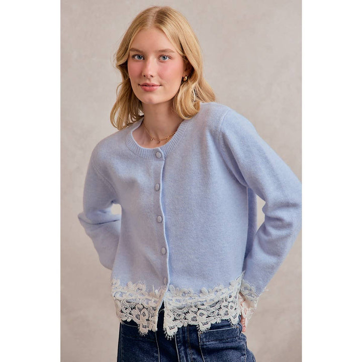 BUTTON DOWN LONG SLEEVE KNIT CARDIGAN WITH LACE TRIM: BLUE / M