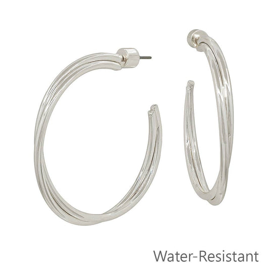 Silver Twisted Water Resistant Hoop Earring