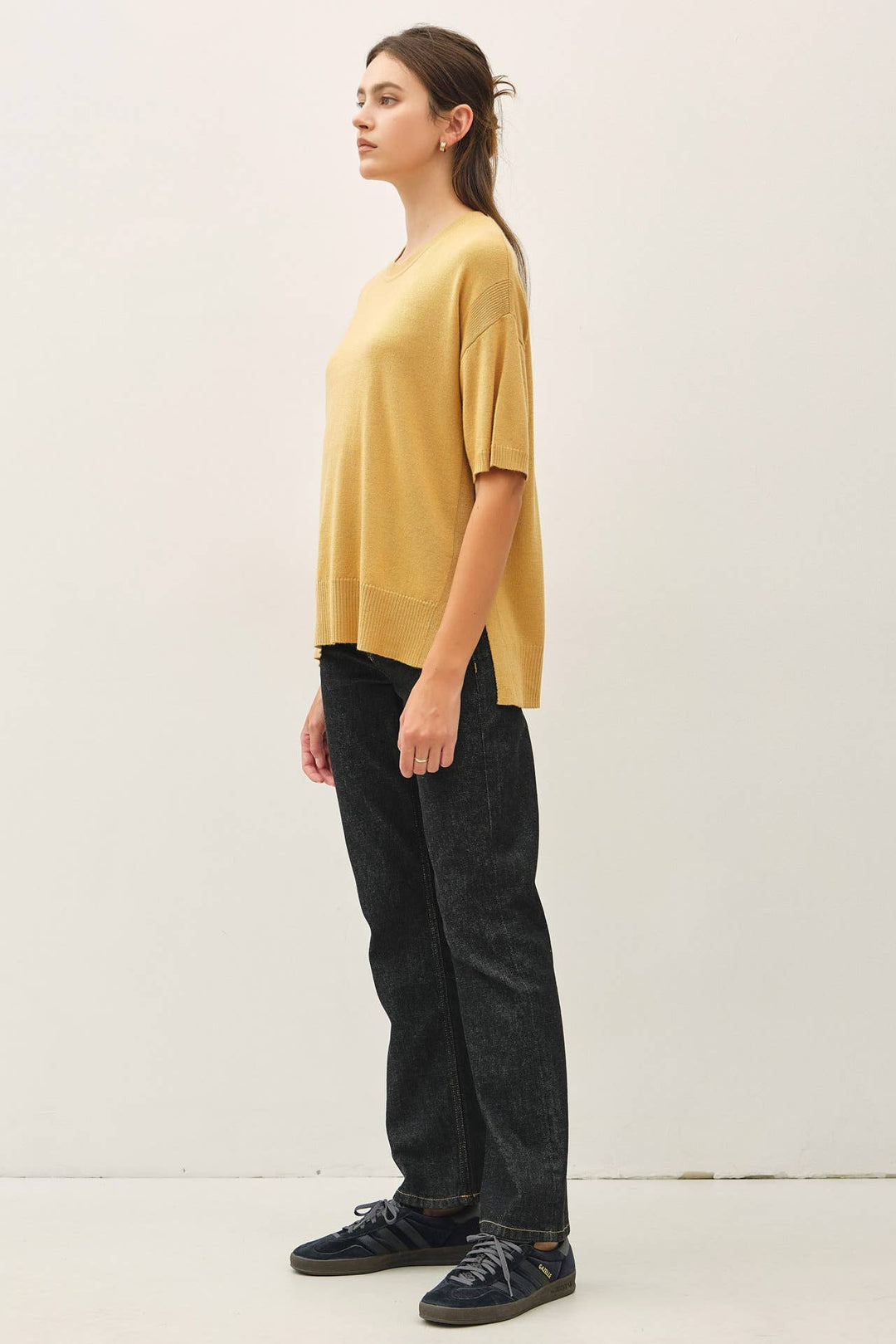WOOL BLENED BOXY FIT SHORT SLEEVE SWEATER TOP : OATMEAL / L