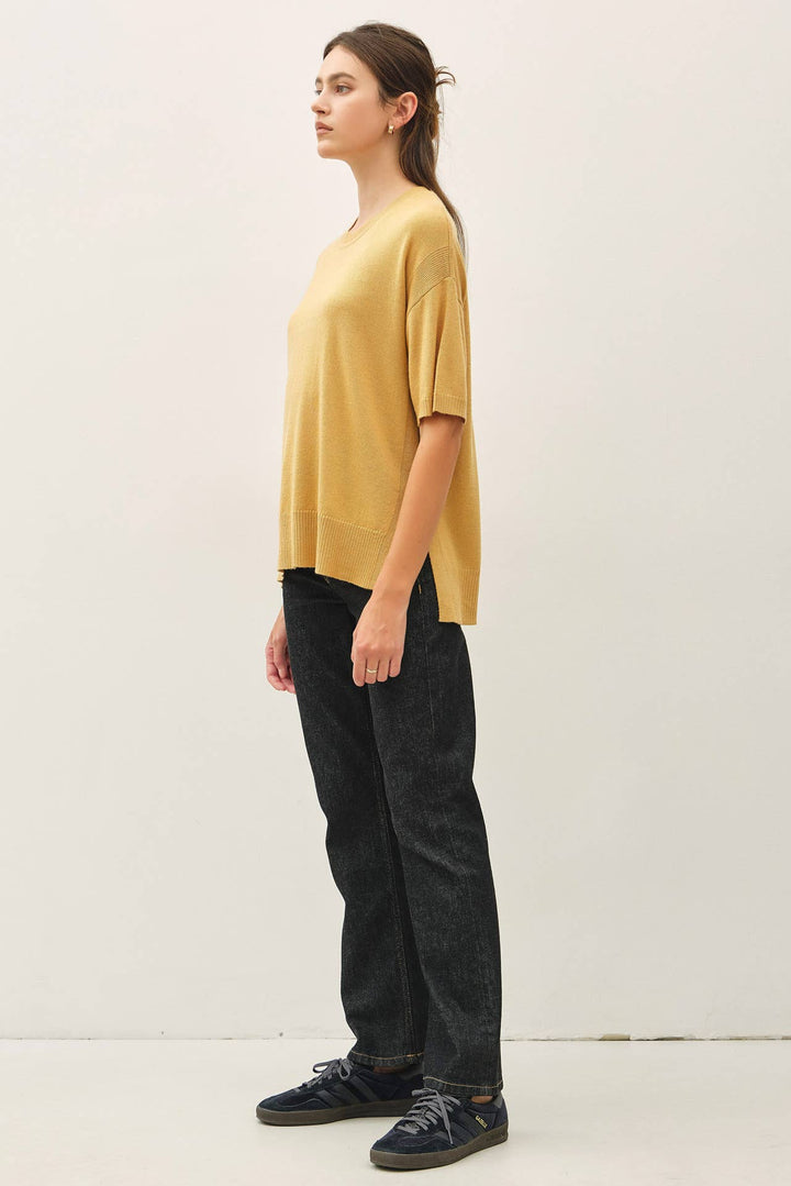 WOOL BLENED BOXY FIT SHORT SLEEVE SWEATER TOP : OATMEAL / L