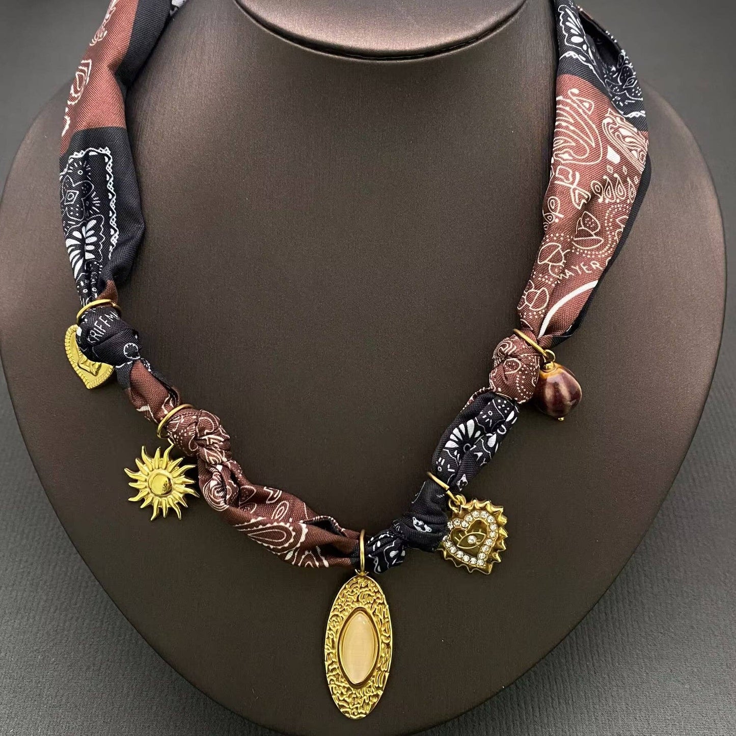 Black & Brown Charm Scarf Necklace