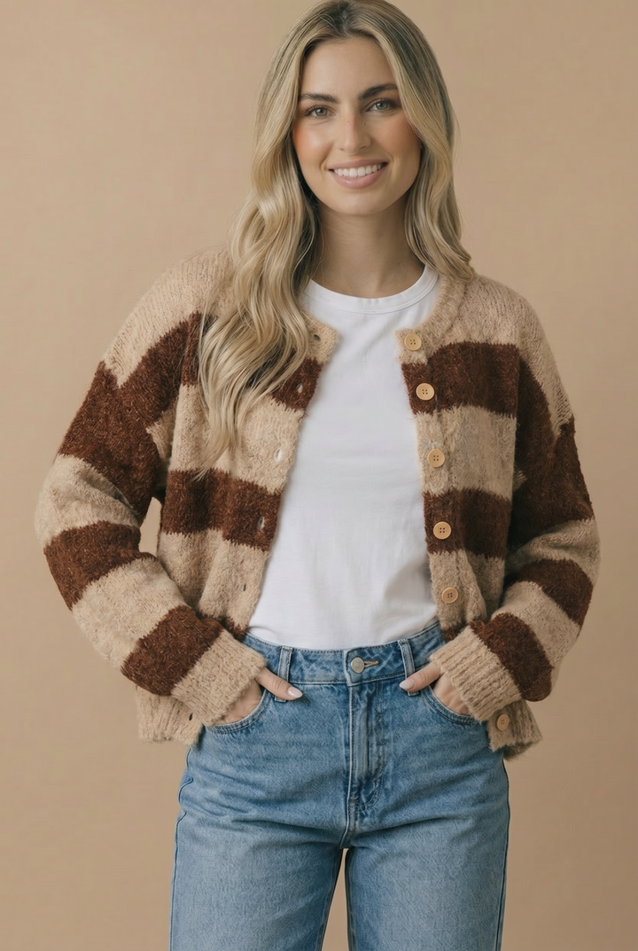 Fluffy Stripe Cardigan: Taupe/Brown