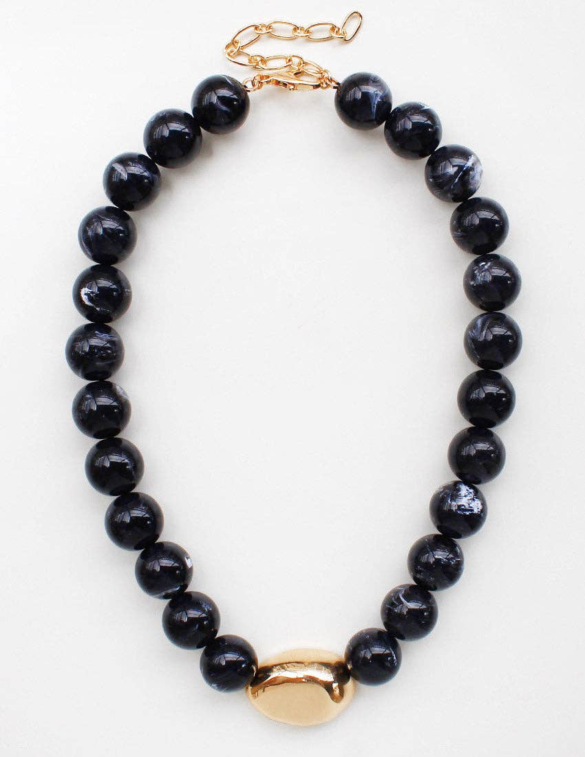 Black Natural Stone with Gold Hammered Beaded Necklace