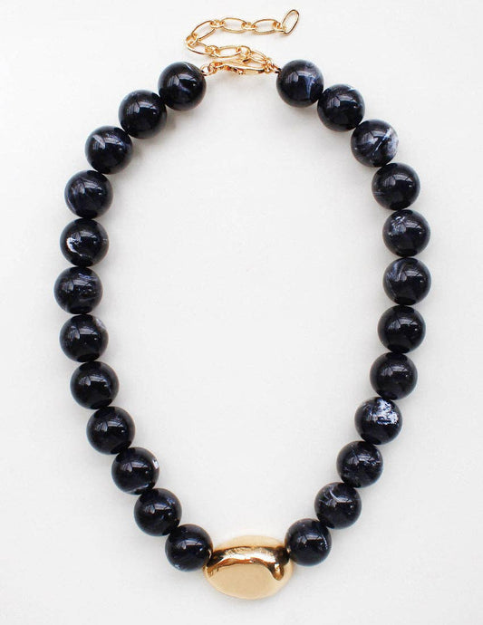 Black Natural Stone with Gold Hammered Beaded Necklace