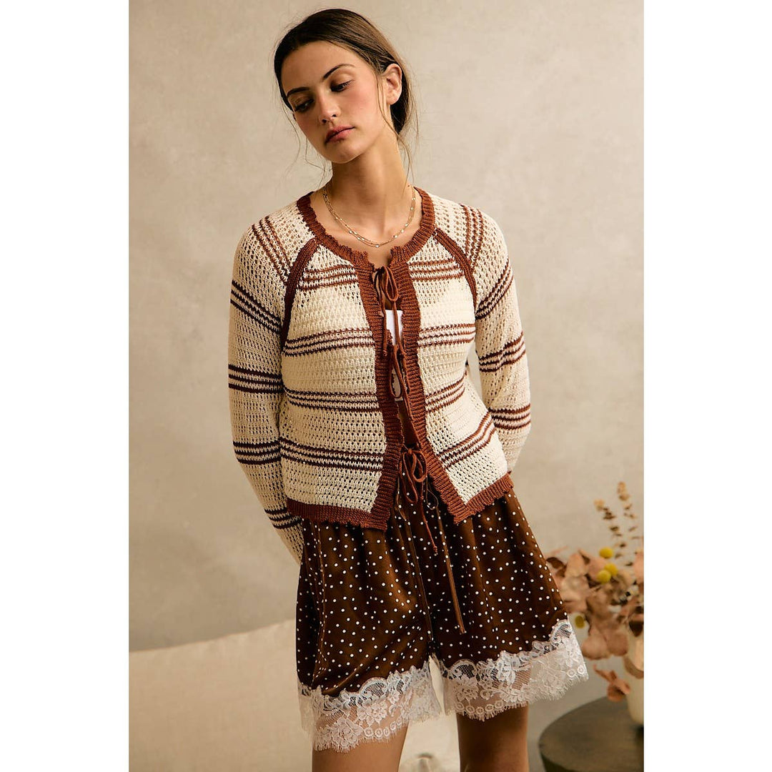 STRIPE OPEN KNIT TIE SWEATER TOP: BROWN / XL