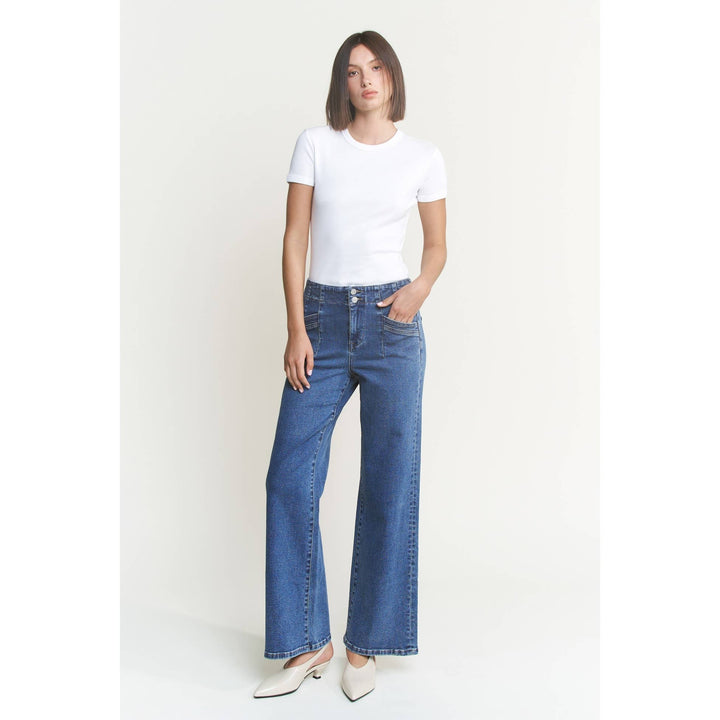 Double Pocket &amp; Button High Rise Wide Mica Jeans