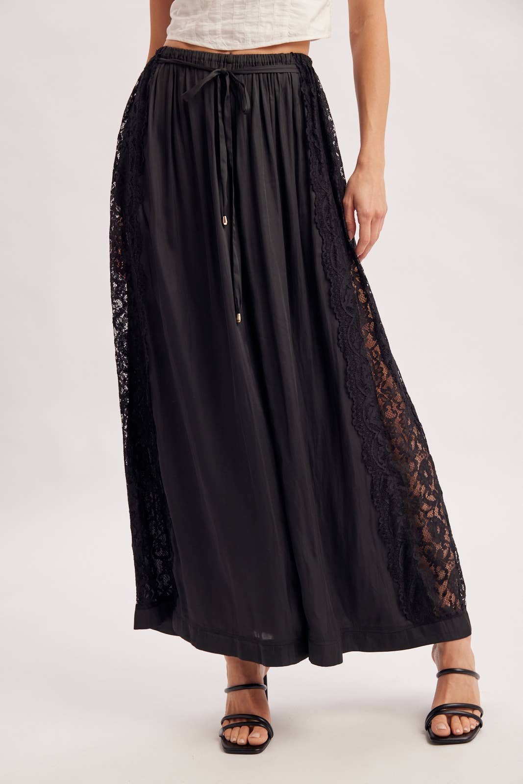 Boho Lace Trim Satin Wide Pants