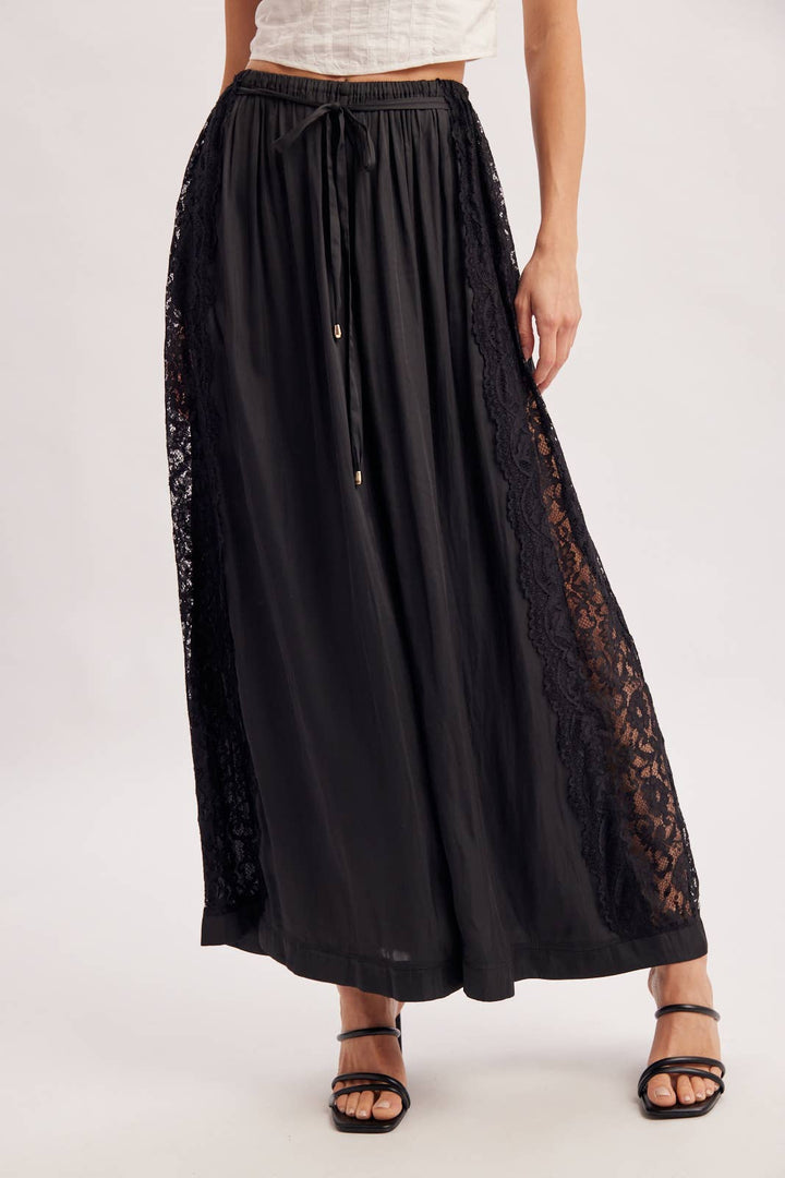 Boho Lace Trim Satin Wide Pants