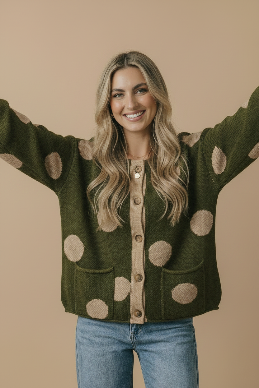 Button Down Polka Dot Jacquard Cardigan: BRUNETTE / L