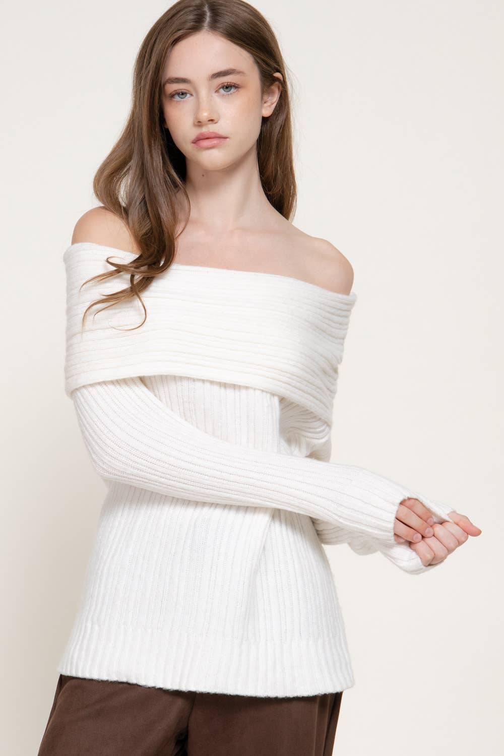 White Off The Shoulder Ribbed Sweater