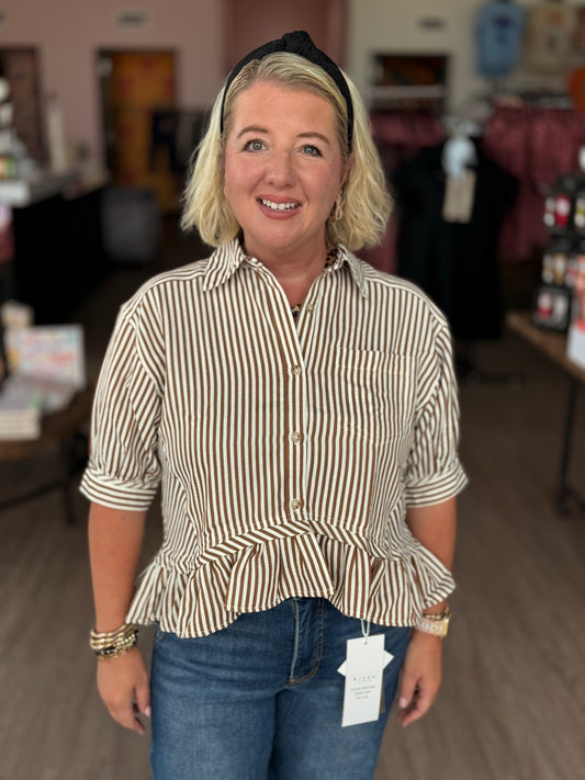 Brown Stripe Ruffle Hem Top