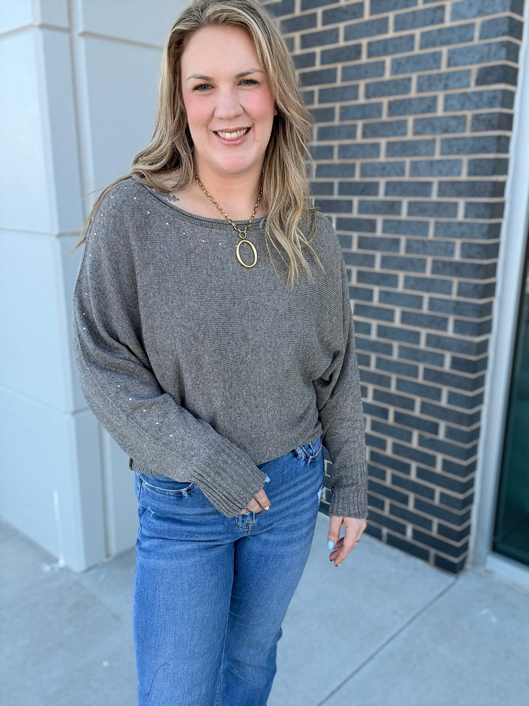 Taupe Wide Boat Neck Studded Sweater