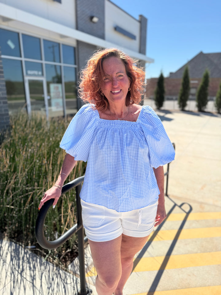 Blue Gingham Bubble Sleeve Blouse