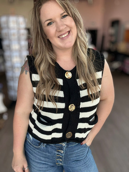 Black Stripe Sweater Vest W/Gold Buttons