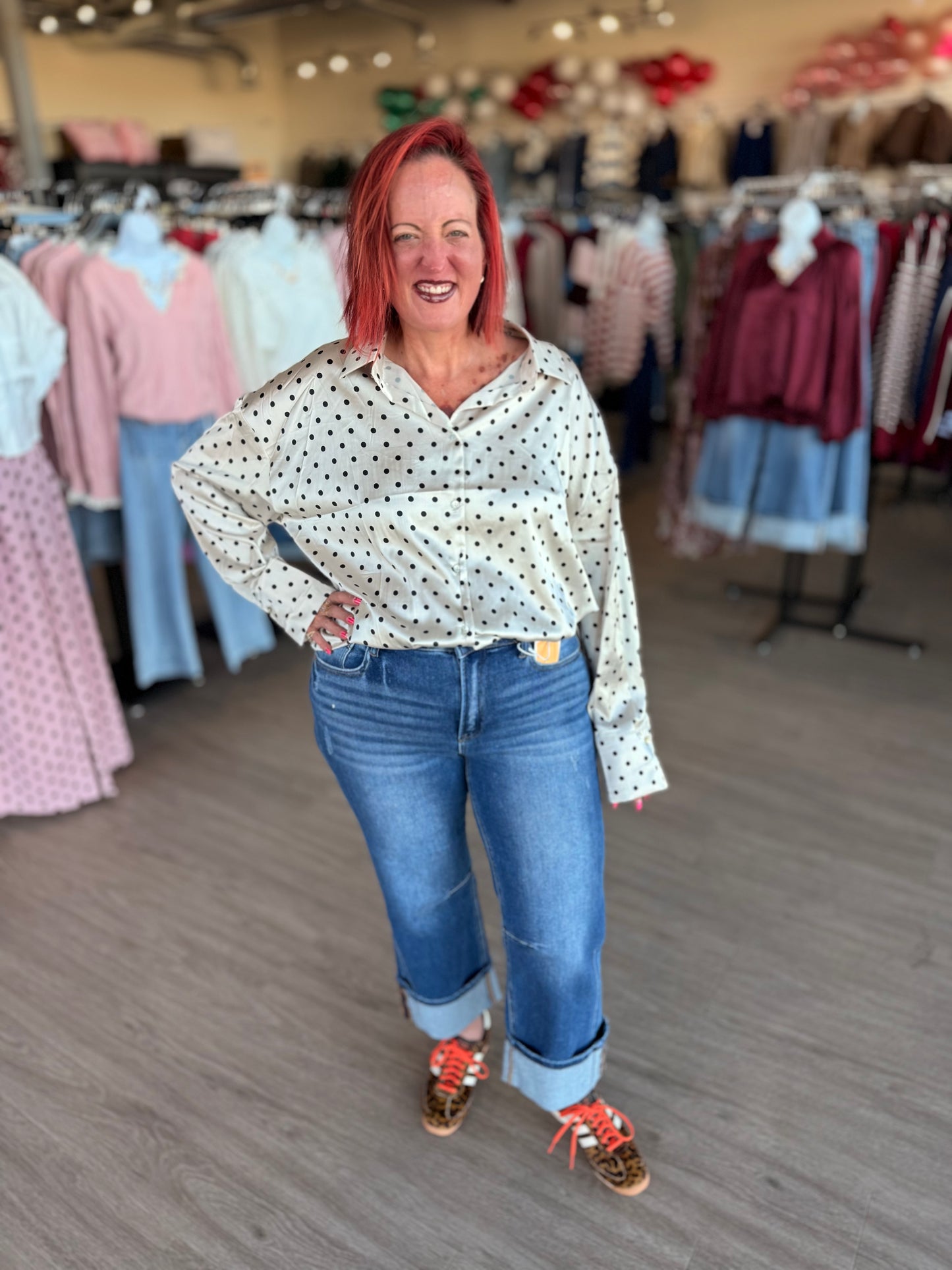 Cream Satin Polka Dot Blouse